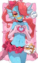 Rule 34 | 2girls, abs, alphys, alternate costume, bad id, bad pixiv id, blue skin, blush, breasts, cleavage, cleavage cutout, clothing cutout, colored skin, cosplay, eyepatch, fins, g perarikku, glasses, head fins, heart, heart-shaped pupils, highres, lab coat, miniskirt, monster girl, multiple girls, open mouth, ponytail, red hair, ribbon, sharp teeth, skirt, small breasts, smile, spoken blush, spoken sweatdrop, sweat, sweatdrop, symbol-shaped pupils, teeth, undertale, undyne, yellow skin, yuri
