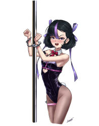 Rule 34 | 1girl, bare shoulders, black hair, blush, breasts, brown pantyhose, commentary, cuffs, detached collar, english commentary, eyeliner, glaring, goddess of victory: nikke, hair ribbon, handcuffs, highres, leotard, looking at viewer, makeup, mixed-language commentary, mole, mole under eye, necktie, open mouth, pantyhose, playboy bunny, purple eyes, purple hair, purple ribbon, rabbit hole (vocaloid), rabbit tail, restrained, ribbon, sanajeh, short hair, signature, simple background, small breasts, solo, sweat, syuen (nikke), tail, thigh strap, white background