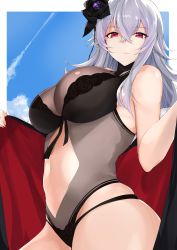 Rule 34 | 1girl, absurdres, azur lane, black one-piece swimsuit, breasts, cleavage, clothing cutout, cloud, day, flower, flower ornament, from below, frown, graf zeppelin (azur lane), graf zeppelin (beachside urd) (azur lane), hair flower, hair ornament, highres, large breasts, long hair, looking at viewer, looking down, maruyaa (malya1006), midriff, navel, navel cutout, one-piece swimsuit, outdoors, red eyes, revision, serious, silver hair, skindentation, sky, solo, stomach, swimsuit, towel