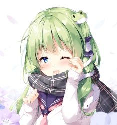 Rule 34 | 1girl, ;d, alternate costume, blue eyes, blue flower, blue sailor collar, blush, cardigan, character name, commentary request, contemporary, enpera, flower, frog hair ornament, green hair, grey scarf, hair ornament, hair tubes, hands up, jacket, kochiya sanae, long hair, long sleeves, looking at viewer, miyase mahiro, nemophila (flower), one eye closed, open mouth, petals, plaid, plaid scarf, purple flower, sailor collar, scarf, school uniform, simple background, sleeves past wrists, smile, snake hair ornament, solo, touhou, upper body, white background, white jacket