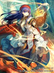 Rule 34 | 1girl, alternate costume, blue eyes, blue hair, book, boots, cape, copyright name, dress, elbow gloves, fire emblem, fire emblem: the binding blade, fire emblem cipher, gloves, hand on own chest, hat, holding, holding book, jewelry, kawasumi mahiro, knee boots, lilina (fire emblem), long hair, magic, matching hair/eyes, md5 mismatch, nintendo, official art, pantyhose, smile, solo, white dress, white gloves