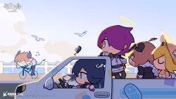 Rule 34 | 1boy, 4girls, animal ears, arknights, belt, bicycle, bikini, bison (arknights), black belt, black hair, black jacket, blonde hair, brown pants, chibi, chinese commentary, closed eyes, commentary request, copyright name, cow boy, croissant (arknights), driving, energy wings, exusiai (arknights), from side, full body, green eyes, grimace, hair over one eye, halo, hat, highres, horns, jacket, leaning, leaning on object, long hair, looking at another, motor vehicle, multiple girls, official art, open clothes, open shirt, orange hair, outdoors, pants, pickup truck, profile, red hair, shirt, smile, sora (arknights), straw hat, sweat, swimsuit, texas (arknights), truck, upper body, white bikini, white jacket, white shirt, wings, wolf ears, yellow eyes