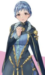 Rule 34 | 1girl, amayo thranana, blue cape, blue dress, blue hair, blush, braid, breasts, brown eyes, cape, center frills, closed mouth, commentary request, crown braid, dress, fire emblem, fire emblem: three houses, frills, highres, long sleeves, looking at viewer, marianne von edmund, medium breasts, nintendo, short hair, simple background, solo