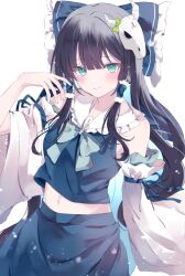 Rule 34 | 1girl, black hair, blue bow, blue hair, blue skirt, blunt bangs, blush, bow, closed mouth, colored inner hair, commentary request, cosplay, detached sleeves, frilled sailor collar, frills, green eyes, hair bow, hair ornament, hair tubes, hakurei reimu, hakurei reimu (cosplay), hand up, highres, indie virtual youtuber, long hair, looking at viewer, memento mori (vtuber), midriff, multicolored hair, navel, sailor collar, shirt, sidelocks, simple background, skirt, skull hair ornament, sleeveless, sleeveless shirt, smile, solo, touhou, two-tone hair, virtual youtuber, white background, wide sleeves, yomogi mogu