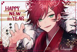 1boy 2022 animal_ears asa_no_ha_(pattern) black_haori blush chinese_zodiac claw_pose commentary drawn_ears egasumi facial_mark fur_trim green_eyes hair_between_eyes hair_ornament hair_over_shoulder hairclip hand_up haori happy_new_year japanese_clothes kill_schwa kimono lauren_iroas long_hair looking_at_viewer low_ponytail lower_teeth_only male_focus new_year nijisanji open_mouth parted_bangs paw_print ponytail red_hair red_kimono shippou_(pattern) simple_background smile solo symbol-only_commentary tassel teeth tiger_ears upper_body uroko_(pattern) virtual_youtuber whisker_markings white_background year_of_the_tiger