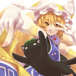 Rule 34 | 1girl, bare shoulders, blonde hair, cat, chen, chen (cat), elbow gloves, female focus, fingerless gloves, foreshortening, fox tail, gloves, hat, highres, md5 mismatch, multiple tails, ofuda, short hair, smile, solo, symbol-shaped pupils, tabard, tail, touhou, tro, v over eye, white gloves, yakumo ran, yellow eyes