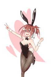 Rule 34 | 1girl, animal ears, artist request, bare shoulders, black bow, black footwear, black leotard, blush, bow, bowtie, breasts, brown eyes, brown pantyhose, cleavage, clenched hand, detached sleeves, drawfag, fake animal ears, fishnet pantyhose, fishnets, hair between eyes, hair ornament, hair ribbon, hair up, hand up, heart, heart background, heart hair ornament, high heels, highres, leotard, medium breasts, pantyhose, playboy bunny, rabbit tail, ribbon, simple background, solo, standing, standing on one leg, tail, takashima yuuna, v, white background, wrist cuffs, yuusha de aru