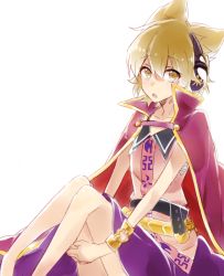 Rule 34 | 1girl, 6 (yuchae), :o, bare arms, bare shoulders, belt, black belt, blonde hair, blouse, blush, bracelet, breasts, collarbone, commentary request, earmuffs, feet out of frame, flat chest, gold trim, hair between eyes, holding, jewelry, looking at viewer, medium breasts, neck ribbon, open mouth, pointy hair, purple ribbon, purple skirt, ribbon, sarashi, shirt, short hair, sitting, skirt, sleeveless, sleeveless shirt, solo, touhou, toyosatomimi no miko, translation request, two-sided fabric, white background, yellow eyes