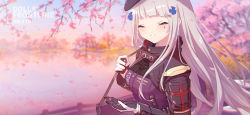 Rule 34 | 1girl, alithea jane, bag, black gloves, blush, breasts, character name, cherry blossoms, copyright name, cross, dated commentary, day, closed eyes, fence, girls&#039; frontline, gloves, grin, handbag, handle, hat, highres, hk416 (girls&#039; frontline), iron cross, jacket, lake, long hair, medium breasts, outdoors, silver hair, smile, solo, teardrop tattoo, tree, upper body, water, white gloves