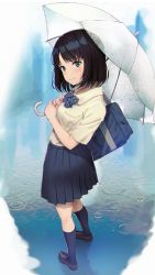 Rule 34 | 1girl, bag, black footwear, black hair, blue bow, blue bowtie, blue eyes, blue skirt, blue socks, blush, bow, bowtie, breast pocket, breasts, closed mouth, collared shirt, crying, crying with eyes open, duffel bag, full body, highres, holding, holding umbrella, hyuuga azuri, kneehighs, loafers, looking at viewer, looking back, original, plaid, plaid bow, plaid bowtie, plaid neckwear, pleated skirt, pocket, ripples, school bag, school uniform, shirt, shirt tucked in, shoes, short hair, short sleeves, skirt, small breasts, socks, solo, standing, tears, transparent, transparent umbrella, umbrella, water, white shirt