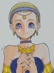Rule 34 | 1girl, absurdres, akaho (choco daisuki), alternate costume, armlet, artist name, bare shoulders, blonde hair, blue eyes, choker, commentary request, dragon quest, dragon quest xi, earrings, eyelashes, hairband, highres, jewelry, looking at viewer, marker (medium), necklace, own hands together, senya (dq11), simple background, smile, solo, traditional media, white background