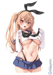 Rule 34 | 1girl, black neckerchief, black panties, blue sailor collar, blue skirt, blush, breasts, brown eyes, collarbone, cosplay, crop top, cropped legs, ebifurya, elbow gloves, gloves, hair between eyes, highleg, highleg panties, highres, johnston (kancolle), kantai collection, large breasts, light brown hair, long hair, miniskirt, navel, neckerchief, open mouth, panties, pleated skirt, sailor collar, school uniform, serafuku, shimakaze (kancolle), shimakaze (kancolle) (cosplay), simple background, skirt, sleeveless, solo, twintails, twitter username, underwear, white background, white gloves