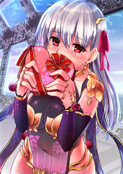 Rule 34 | 1girl, absurdres, armlet, armor, bare shoulders, bikini armor, blush, box, bracelet, breasts, cleavage, collar, covered navel, detached sleeves, dress, earrings, fate/grand order, fate (series), floral print, gift, gift box, hair ribbon, heart-shaped box, highres, jewelry, k and k (togoku), kama (fate), kama (second ascension) (fate), large breasts, long hair, looking at viewer, metal collar, pelvic curtain, purple dress, purple sleeves, red eyes, ribbon, ring, see-through, see-through cleavage, solo, valentine, white hair