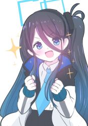 Rule 34 | 1girl, absurdly long hair, aris (blue archive), black hair, black skirt, blue archive, blue eyes, blue halo, blue necktie, blush, collared shirt, giorgio (yo sumire sola1), halo, jacket, long hair, long sleeves, looking at viewer, necktie, one side up, open clothes, open jacket, open mouth, pleated skirt, ringed eyes, shirt, simple background, skirt, smile, solo, very long hair, white background, white jacket, white shirt