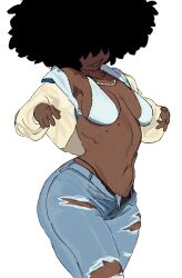 Rule 34 | 1girl, absurdres, afro, black hair, bra, breasts, breasts apart, cowboy shot, dark-skinned female, dark skin, denim, highres, jacket, jeans, jewelry, long hair, medium breasts, navel, necklace, open mouth, original, pants, simple background, smile, solo, torn clothes, torn jeans, torn pants, underwear, very dark skin, viv (whoopsatro), white background, white bra, white jacket, whoopsatro