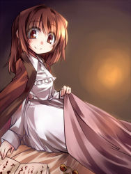 Rule 34 | 1girl, bad id, bad pixiv id, bed, bell, blanket, book, brown eyes, brown hair, come hither, hair bell, hair ornament, unworn headwear, hemogurobin a1c, jingle bell, looking at viewer, motoori kosuzu, nightgown, open book, reading, robe, smile, solo, touhou