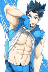 Rule 34 | 1boy, :p, abs, animal ears, arm up, bad id, bad tumblr id, bara, bare pectorals, beard, black hair, blue eyes, blue pants, blue shirt, bulge, cat boy, cat ears, cat tail, clothes lift, facial hair, goatee, highres, kuroshinki, lifting own clothes, light smile, looking at viewer, male focus, multicolored shirt, muscular, muscular male, navel, nipples, original, pants, pectorals, shirt, shirt lift, short hair, sleeveless, solo, tail, tongue, tongue out, torn clothes, veins, veiny arms, white shirt