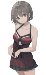 Rule 34 | 1girl, bare arms, bare shoulders, brown hair, collarbone, commentary request, dress, eyebrows hidden by hair, hair between eyes, head tilt, highres, looking at viewer, ogami ren, original, parted lips, pleated dress, red dress, red eyes, simple background, sleeveless, sleeveless dress, solo, white background