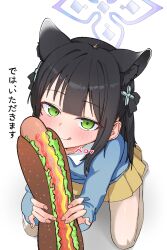Rule 34 | 1girl, :q, absurdres, animal ears, black hair, blue archive, blue sweater, blush, doroshe (sdpw8474), flat chest, food, from above, green eyes, halo, highres, hot dog, long hair, looking at viewer, pantyhose, sexually suggestive, shun (blue archive), shun (small) (blue archive), skirt, smile, solo, sweater, tiger ears, tiger girl, tongue, tongue out, white pantyhose