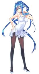 Rule 34 | 10s, 1girl, aoki hagane no arpeggio, black pantyhose, blue eyes, blue hair, breasts, choker, coffee cat, covered navel, dress, full body, hair between eyes, hand on own hip, high heels, jpeg artifacts, leaning forward, legs, long hair, long legs, matching hair/eyes, medium breasts, mole, mole under mouth, pantyhose, perky breasts, personification, ponytail, sidelocks, simple background, solo, takao (aoki hagane no arpeggio), very long hair, white background, white dress