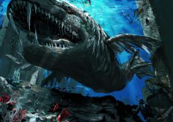 Rule 34 | absurdres, diving, diving suit, fish, highres, light rays, monster, original, ruins, syo5, teeth, underwater, whale
