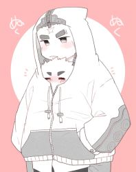 Rule 34 | 2boys, blush, facial hair, goatee, greyscale with colored background, hand in pocket, hood, hood up, hooded jacket, houzouin oniwaka, jacket, long sideburns, male focus, protagonist 3 (housamo), multiple boys, pink background, scar, scar on face, scar on forehead, shared clothes, shared coat, short hair, sideburns, stubble, thick eyebrows, tokyo houkago summoners, wan (one konta1123), yaoi