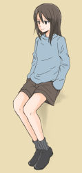 Rule 34 | 1girl, black footwear, blue shirt, brown background, brown eyes, brown hair, brown shorts, closed mouth, commentary, full body, girls und panzer, grey socks, hands in pockets, invisible chair, long hair, long sleeves, mika (girls und panzer), mutsu (layergreen), no headwear, shadow, shirt, shorts, simple background, sitting, smile, socks, solo