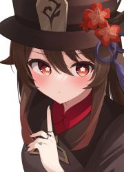 Rule 34 | 1girl, black hat, black nails, blush, brown hair, chinese clothes, closed mouth, collared shirt, colored tips, commentary, finger to mouth, flower, flower-shaped pupils, genshin impact, hair between eyes, hat, hat flower, hat ornament, highres, hu tao (genshin impact), index finger raised, jewelry, long hair, looking at viewer, multicolored hair, nail polish, plum blossoms, ponytail, porkpie hat, red eyes, red shirt, ring, shirt, shushing, simple background, solo, symbol-shaped pupils, tassel, tsubaki 0317, twintails, upper body, white background