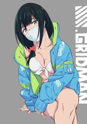 Rule 34 | 10s, 1girl, bikini, black hair, blue eyes, breasts, cleavage, collarbone, copyright name, crossed legs, front-tie bikini top, front-tie top, gridman universe, hassu, jacket, long hair, long sleeves, looking at viewer, mask, medium breasts, mouth mask, open clothes, open shirt, saitou kengo, scrunchie, side ponytail, sitting, solo, ssss.gridman, surgical mask, swept bangs, swimsuit, thighs, white bikini
