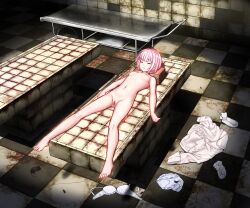 Rule 34 | 1girl, absurdres, autopsy, autopsy table, bra, breasts, checkered floor, closed eyes, corpse, death, highres, indoors, morgue, nude, panties, pink hair, short hair, small breasts, underwear, wocheng (artist)