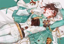 Rule 34 | 1boy, belt, blush, bow, box, bracelet, brown hair, cape, chocolate, clothing request, ear piercing, food, food on face, formal, gift, gift box, gloves, hair bow, hair ornament, holding, holding food, jewelry, katsura (guiyuy), looking at viewer, looking up, lying, multicolored hair, nu carnival, on back, orange eyes, pale skin, piercing, plaid, red hair, ribbon, slit pupils, suit, vest, white gloves, yakumo (nu carnival)