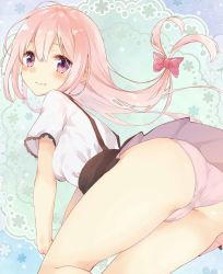 Rule 34 | 1girl, all fours, ass, black skirt, blue background, bow, closed mouth, crotch seam, from behind, high-waist skirt, highres, kneeling, light smile, long hair, looking at viewer, looking back, low-tied long hair, manatsuki manata, original, panties, pink hair, pink panties, purple eyes, red bow, shirt, short sleeves, skirt, solo, suspender skirt, suspenders, thighs, underwear, white shirt