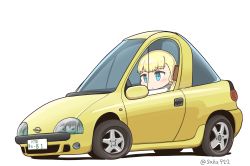 Rule 34 | 1girl, absurdres, blonde hair, blue eyes, blunt bangs, car, commentary request, hair ornament, highres, kantai collection, long hair, motor vehicle, one-hour drawing challenge, opel (company), opel tigra, sakusan (ss-awesome), shin&#039;you (kancolle), simple background, solo, twitter username, vehicle focus, vehicle request, white background