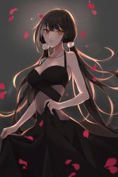 Rule 34 | 1girl, alternate costume, backlighting, bare arms, black dress, black hair, blush, breasts, cleavage, clothes lift, dress, dress lift, floating hair, girls&#039; frontline, halter dress, halterneck, heterochromia, highres, jade (stone), jewelry, large breasts, lifted by self, light particles, long hair, looking at viewer, multicolored hair, necklace, orange eyes, parted lips, petals, qb 516, red eyes, ro635 (girls&#039; frontline), see-through, sidelocks, solo, streaked hair, twintails, very long hair, white hair, wind, yellow eyes