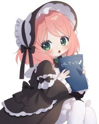Rule 34 | 1girl, :o, absurdres, alternate costume, anya (spy x family), bag, black bow, black headwear, blush, bonnet, bow, brooch, child, commentary request, dress, feet out of frame, frilled dress, frilled sleeves, frills, gothic lolita, green eyes, highres, holding, holding bag, jewelry, juliet sleeves, lolita fashion, long sleeves, pantyhose, parted lips, pink hair, puffy sleeves, sitting, sleeves past wrists, solo, spy x family, uu3cm, white background, white pantyhose