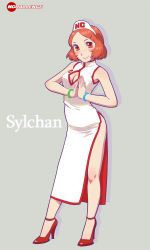 Rule 34 | 1girl, blush, breasts, brown eyes, brown hair, character name, china dress, chinese clothes, cleavage, cleavage cutout, clothing cutout, contrapposto, dress, fukusuke hachi-gou, full body, highres, looking at viewer, nchallenge, nchans, red footwear, shoes, short hair, side slit, simple background, smile, solo, standing, sylchan