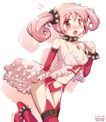 Rule 34 | 1girl, ^^^, arm at side, babydoll, bare shoulders, belt, black belt, blush, boots, breasts, chauke, choker, cleavage, clenched hand, collar, collarbone, connect (madoka magica), contrapposto, cowboy shot, curly hair, detached sleeves, dot nose, eyebrows visible through hair, feet up, frilled babydoll, frilled legwear, frills, garter straps, glint, hand up, kaname madoka, looking at viewer, mahou shoujo madoka magica, navel, open mouth, panties, pink babydoll, pink eyes, pink hair, platform footwear, red footwear, red legwear, red panties, red ribbon, revealing clothes, ribbon, shiny, shiny skin, shoulder blush, shy, sideboob, simple background, small breasts, solo, soul gem, spaghetti strap, spiked choker, spiked collar, spikes, stomach, tareme, thigh boots, thighhighs, thighs, twintails, underwear, white background