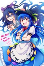 Rule 34 | 2girls, black hair, blue eyes, blue hair, bow, bowl, bracelet, commentary request, crack, crossed arms, dress, food, food on head, fruit on head, hair between eyes, hair bow, hat, hinanawi tenshi, holding, holding bowl, hood, hoodie, jewelry, long hair, mikagami hiyori, multiple girls, object on head, open mouth, orange eyes, ponytail, puffy short sleeves, puffy sleeves, short sleeves, touhou, translation request, yorigami shion