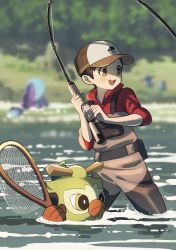Rule 34 | 1boy, alternate costume, amakara000, baseball cap, blurry, blurry background, blush, brown eyes, brown hair, commentary, creatures (company), day, fishing, fishing rod, game freak, gen 2 pokemon, gen 8 pokemon, hat, highres, holding, holding fishing rod, male focus, net, nintendo, open mouth, outdoors, pokemon, pokemon (creature), pokemon swsh, quagsire, red shirt, shirt, short hair, sleeves rolled up, smile, symbol-only commentary, teeth, thwackey, tongue, upper teeth only, victor (pokemon), wading, water