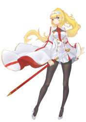 Rule 34 | 1girl, absurdres, aqua eyes, black pantyhose, blonde hair, blush, breasts, cape, dress, duke of york (zhan jian shao nyu), floating hair, flower, full body, hair between eyes, hairband, head tilt, high heels, high ponytail, highres, holding, holding sword, holding weapon, ili, large breasts, long hair, long sleeves, looking at viewer, pantyhose, parted lips, pleated dress, sheath, sheathed, smile, solo, standing, sword, very long hair, warship girls r, weapon, white dress, white footwear
