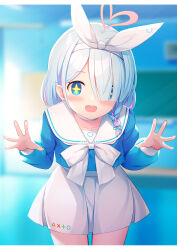Rule 34 | 1girl, arona (blue archive), blue archive, blue hair, blue shirt, blush, bow hairband, breasts, colored inner hair, commentary request, hair over one eye, hairband, halo, heart, heart halo, highres, leaning forward, light blue hair, long sleeves, looking at viewer, multicolored hair, navel, noukatu, open mouth, pink halo, shirt, short hair, skirt, small breasts, smile, solo, thighs, white hairband, white skirt