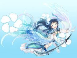 Rule 34 | 1girl, artist name, blue background, blue capelet, blue eyes, blue hair, capelet, dragon horns, dragon tail, elbow gloves, floating, floating hair, floating object, floating sword, floating weapon, floral background, frills, fur collar, gloves, highres, horns, hydrokinesis, leotard, light blue hair, long hair, long sleeves, nami&#039;oyogi kanemitsu, onasu (sawagani), open mouth, outstretched arms, platform footwear, pointy ears, scabbard, sheath, solo, sword, tail, tenka hyakken, thighhighs, v-shaped eyebrows, water, weapon, wide sleeves