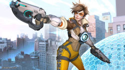 Rule 34 | 1girl, asymmetrical bangs, bodysuit, bomber jacket, brown eyes, brown hair, chest harness, city, cityscape, collared jacket, cross-laced clothes, cross-laced legwear, dual wielding, finger on trigger, gloves, goggles, grin, gun, handgun, harness, highres, holding, holding gun, holding weapon, jacket, naofaro, orange-tinted eyewear, overwatch, overwatch 1, pistol, short hair, skin tight, smile, solo, spiked hair, standing, tinted eyewear, tracer (overwatch), vambraces, visor, weapon, yellow bodysuit