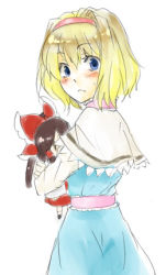 Rule 34 | &gt;:(, 2girls, alice margatroid, blonde hair, blue dress, blue eyes, blush, bow, breast smother, capelet, character doll, chibi, doll, dress, face to breasts, female focus, from behind, frown, hair bow, hair intakes, hairband, hakurei reimu, hug, looking at viewer, looking back, lowres, mini person, minigirl, multiple girls, sash, shikai, shikai (iesiki 56), simple background, touhou, v-shaped eyebrows, white background