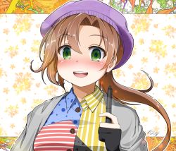 Rule 34 | 1girl, akigumo (kancolle), akigumo kai ni (kancolle), alternate costume, beret, black gloves, blush, brown hair, commentary request, earth ekami, gloves, green eyes, hair ribbon, hat, kantai collection, long hair, mole, mole under eye, nose blush, open mouth, partially fingerless gloves, ponytail, purple hat, ribbon, round teeth, single glove, smile, solo, stylus, teeth, upper body, upper teeth only
