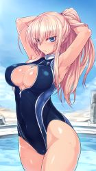 Rule 34 | 1girl, adjusting hair, armpits, arms up, blonde hair, blue eyes, blush, breasts, cleavage, cleavage cutout, clothing cutout, covered navel, female focus, front zipper swimsuit, hanna-justina marseille, large breasts, long hair, looking at viewer, meme attire, null (nyanpyoun), one-piece swimsuit, ponytail, pool, solo, strike witches, swimsuit, tying hair, wet, witches of africa, world witches series