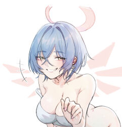 Rule 34 | +++, 1girl, :d, arknights, ass, blue hair, bottomless, bra, breasts, cleavage, collarbone, detached wings, earrings, elsi, energy wings, grey bra, grin, halo, highres, jewelry, large breasts, leaning forward, looking at viewer, open mouth, parted lips, short hair, simple background, smile, solo, spuria (arknights), strap slip, underwear, white background, wings, yellow eyes