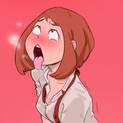 Rule 34 | 10s, 1girl, ahegao, blush, boku no hero academia, breasts, brown eyes, brown hair, cleavage, heavy breathing, necktie, open mouth, oral invitation, rolling eyes, school uniform, sexually suggestive, short hair, small breasts, solo, sweatdrop, tongue, tongue out, unbuttoned, upper body, uraraka ochako