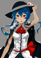 Rule 34 | 1girl, adapted costume, alternate hairstyle, ascot, backlighting, blue hair, coat, english text, fur collar, grey background, hand on headwear, hat, hat ornament, highres, hinanawi tenshi, looking at viewer, nengajou, new year, red eyes, shirt, short hair, short hair with long locks, sidelocks, simple background, sleeveless, sleeveless shirt, solo, tegami (seka), touhou, upper body, white shirt