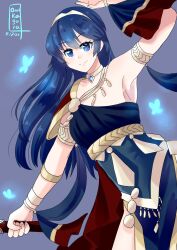 Rule 34 | 1girl, absurdres, ancient greek clothes, armlet, bare shoulders, blue background, blue hair, bracelet, breasts, bug, butterfly, choker, closed mouth, crests (fire emblem), dancer, dancer (fire emblem: three houses), dress, falchion (fire emblem), fire emblem, fire emblem: three houses, fire emblem awakening, fire emblem heroes, gladiator sandals, greco-roman clothes, highres, insect, jewelry, kagura oni, long hair, looking at viewer, medium breasts, necklace, nintendo, sandals, single-shoulder dress, smile, solo, tiara, twitter username